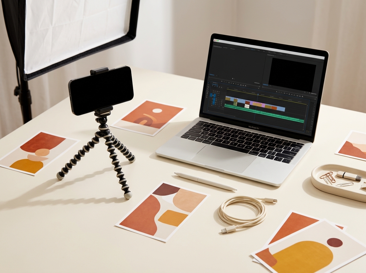 Creator desk with a phone on a tripod, a laptop and printed cards