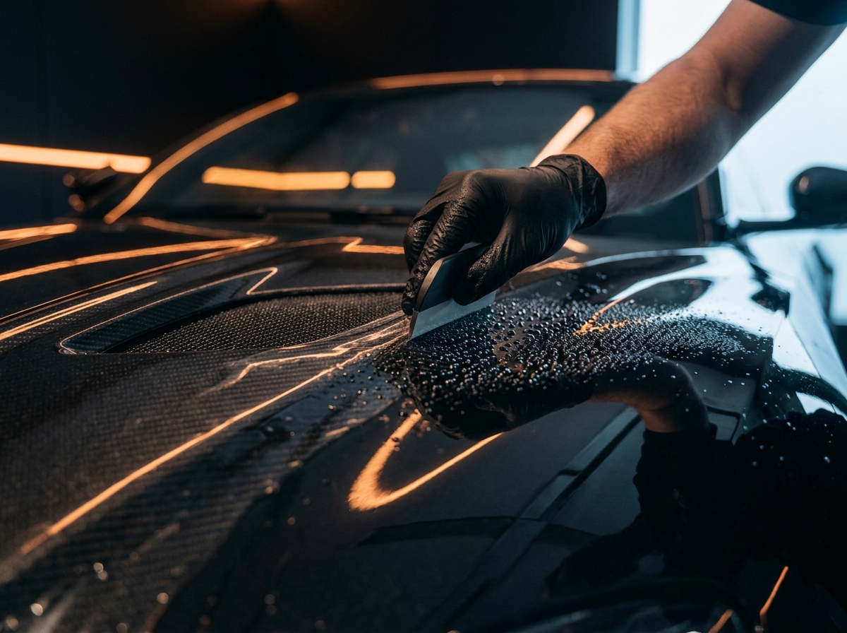 Gloved hand applying paint protection film to a car hood