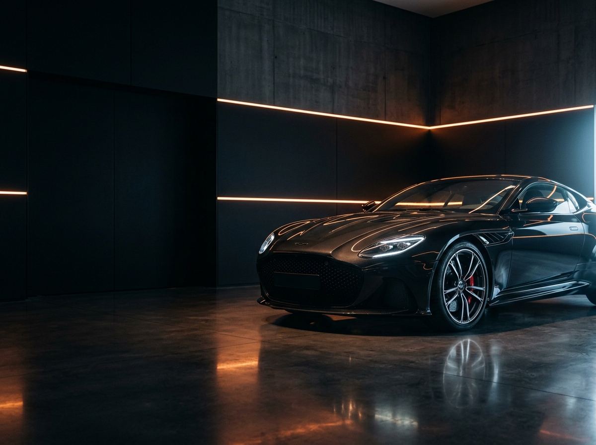Dark sports car in a black showroom lit by orange light strips